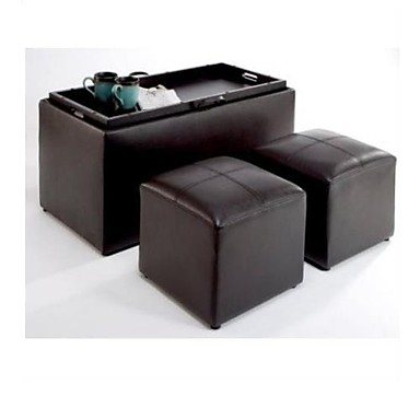 Faux Leather Storage Bench Coffee Table With 2 Side Ottomans