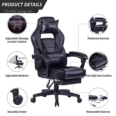 Von Racer Massage Reclining Gaming Chair Ergonomic High Back