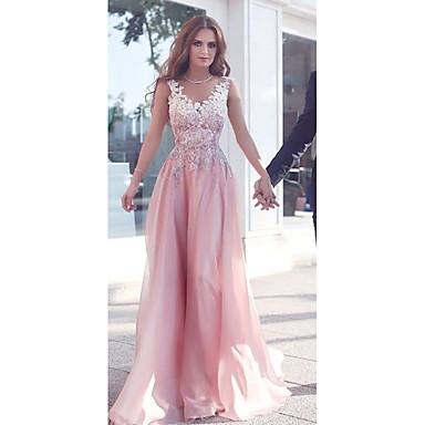 A Line Plunging Neck Sweep Brush Train Chiffon Elegant 