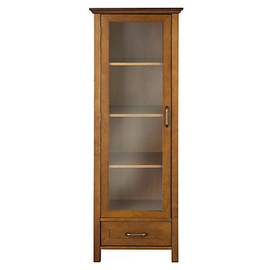 Oak Finish Linen Tower Glass Door Bathroom Storage Cabinet W