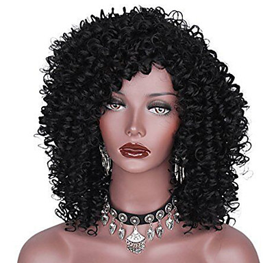 Synthetic Wig Afro Side Part Wig Medium Length Black Gold