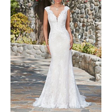 Mermaid Trumpet V Neck Sweep Brush Train Lace Cap Sleeve