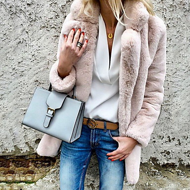 baratos Novidades-Mulheres Diário Básico Outono &amp; inverno Tamanhos Grandes Padrão Casaco De Pele De Falso, Sólido Colarinho de Camisa Manga Longa Pêlo Sintético Cinza Claro / Branco / Rosa