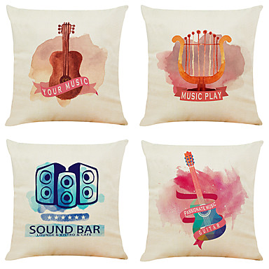 Set Of 4 Colorful Music Linen Square Decorative Throw Pillow Cases