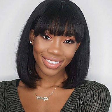 Human Hair Wig Medium Length Natural Wave Bob Black Brown Simple
