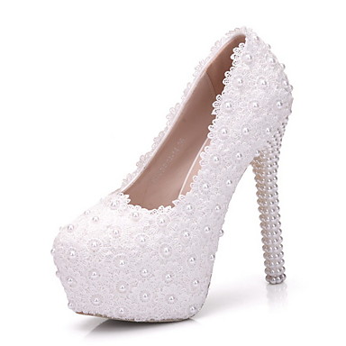 Women's Wedding Shoes Stiletto Heel Round Toe Pearl PU Summer White ...