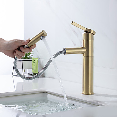 Grifo de lavabo de baño de latón dorado cepillado, juego central de