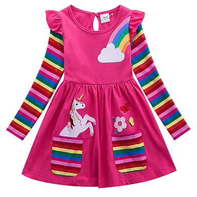 Kids Little Girls' Dress Unicorn Rainbow Flower T Shirt Dress Tee Dress Cartoon With Pockets Print Blue Yellow Cotton Above Knee Long Sleeve Active Casual Dresses Regular Fit 2-8 Years