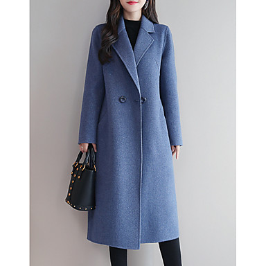 baratos Novidades-Mulheres Diário Longo Casaco, Sólido Lapela Pontuda Manga Longa Poliéster Preto / Azul Real / Vermelho