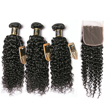3 Bundles With Closure Brazilian Hair Kinky Curly Virgin Human