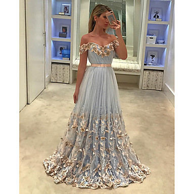 A Line Off Shoulder Court Train Tulle Cute Elegant Prom 