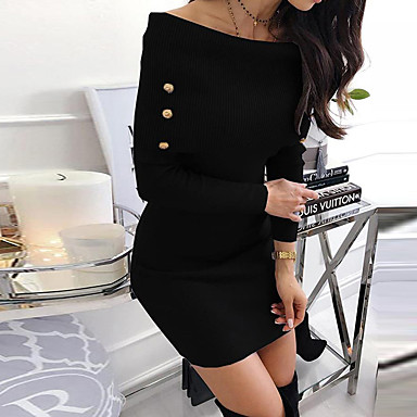baratos Novidades-Mulheres Básico Bainha Vestido Sólido Altura dos Joelhos