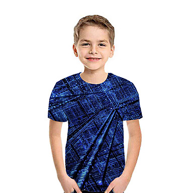 baratos Roupas de Meninos-Infantil Para Meninos Activo Moda de Rua Geométrica 3D Retalhos Estampado Manga Curta Camiseta Azul