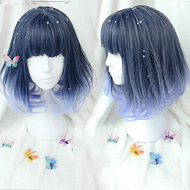 baratos Perucas e Extensões de Cabelo-Perucas de Fantasia Lolita Encaracolado Fantasias Dia Das Bruxas Corte Bob Franja Lisa Peruca Comprimento Médio Preto Cabelo Sintético 18 polegada Mulheres Anime Fantasias Cores Gradiente Âmbar