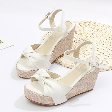 white wedges with ribbon tie