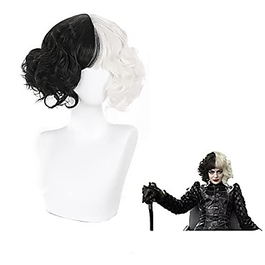 halloween costumes 2021 Cruella Deville Wig Half Black and White Wigs Short Curly Wavy Bob Hair Halloween Costume Women Girl Role Cosplay Party Heat Resistant Synthetic Wigs