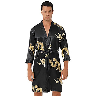 [$32.12] men's satin robe with shorts lightweight soft spa dragon printed  silk kimono bathrobe set black medium