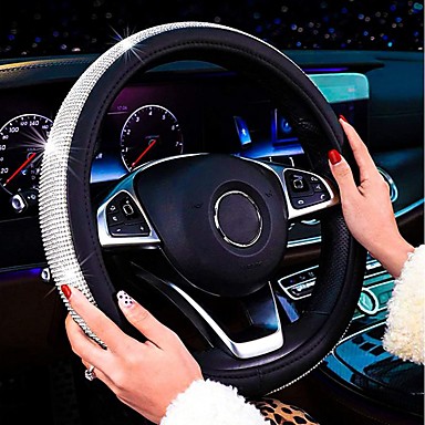 Bling Rhinestones Steering Wheel Cover for Women with White Crystal Diamond Sparkling Car SUV Breathable Anti-Slip Universal 15 Inch Steering Wheel Covers Sparkly Crystal Steering Protector