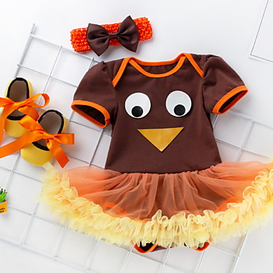 3 Pieces Baby Girls' Thanksgiving Dress Active Cute Dress Festival Brown Peacock Animal Ruched Ruffle Patchwork Short Sleeve Above Knee