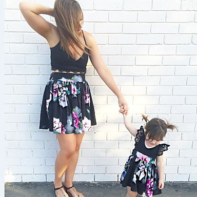 Mom＆Me Sleeveless Dress Floral Print Vest Backless Dress Family Outfits Long Skirt 
