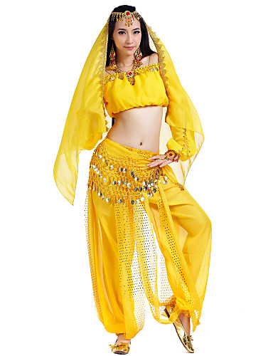 Belly Dance Outfits Womens Performance Chiffon Beading Coins Sequins 4 Pieces Long Sleeve 0015