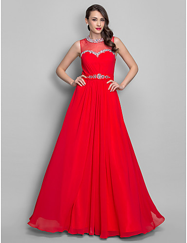 A-Line Princess Jewel Neck Floor Length Chiffon Prom Dress with Beading ...