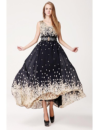 Women's Vintage Swing Maxi Dress, Print Pleated Round Neck Sleeveless ...
