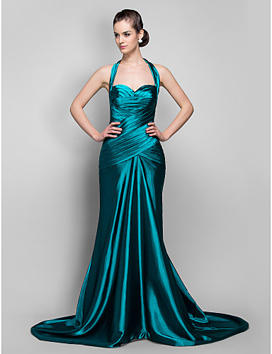 Mermaid / Trumpet Halter Sweep / Brush Train Stretch Satin Formal ...