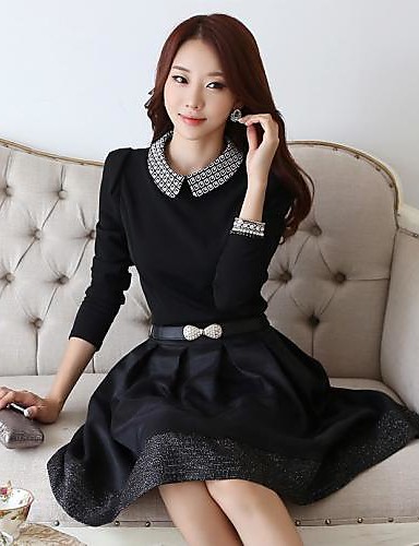 Women's Sexy / Vintage Dress,Solid Mini Long Sleeve Black Cotton All ...