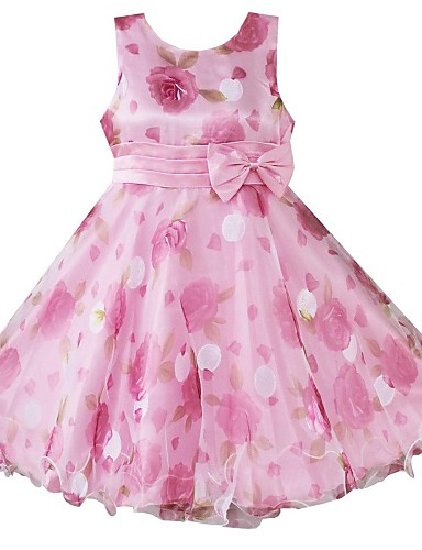 Girl's Pink Flower Print Multi-layers Bow Party Wedding Pageant ...