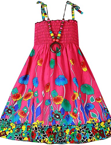 Girl's Dress+Necklace Flower Print Party Bohemia Beach Kids Clothing ...