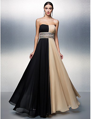 A Line Strapless Floor Length Chiffon Prom Formal Evening Dress With