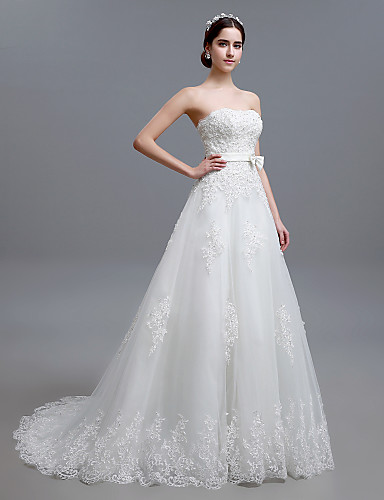 A-Line Strapless Sweep / Brush Train Tulle Made-To-Measure Wedding ...