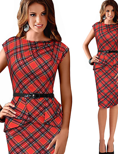 Morefeel Women's Plaid Work Round Sleeveless Pencil Dresses (Cotton