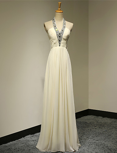 A Line Halter Floor Length Chiffon Formal Evening Dress With Beading