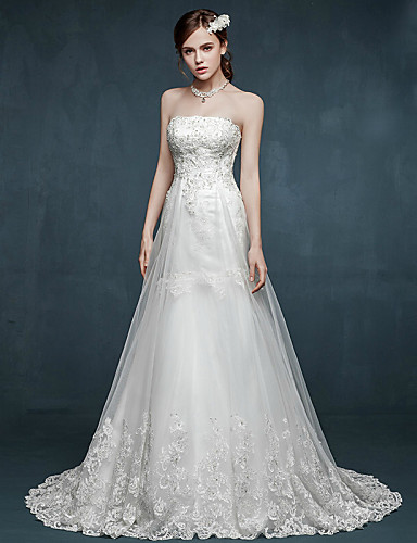 A-Line Strapless Sweep / Brush Train Tulle Made-To-Measure Wedding ...