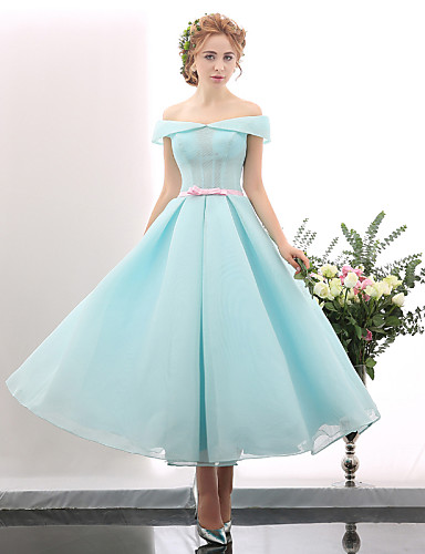 A-Line Off Shoulder Tea Length Spandex Cocktail Party / Prom Dress with ...