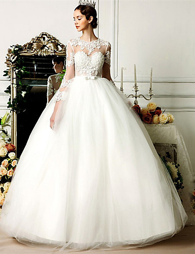 Ball Gown Jewel Neck Floor Length Tulle Made-To-Measure Wedding Dresses ...