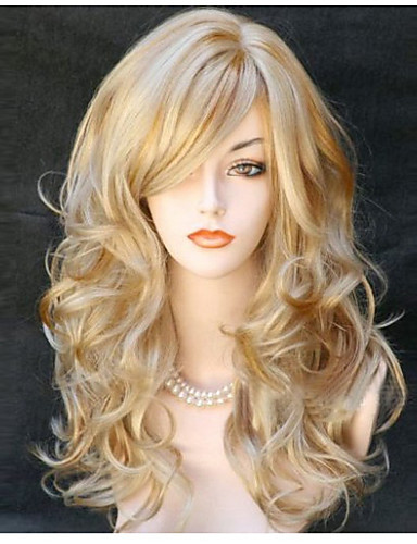 baratos Perucas Sintéticas-Perucas sintéticas Onda de Corpo Ondulado Com Franjas Peruca Loiro Longo Preto Preto / Vermelho Loira Cabelo Sintético 24 polegada Mulheres Parte lateral Loiro