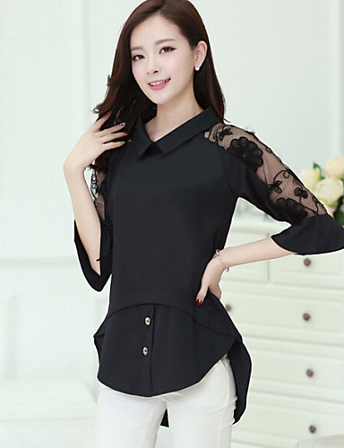 Women's Embroidery Solid White / Black Blouse,Shirt Collar ½ Length ...
