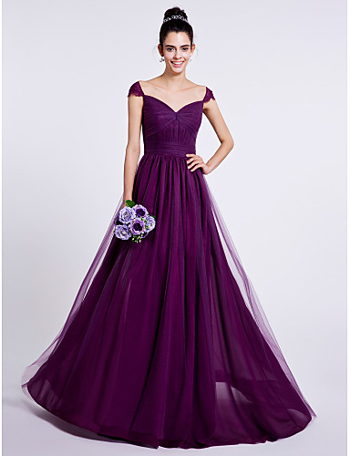 A-Line Sweetheart Sweep / Brush Train Tulle Bridesmaid Dress with ...