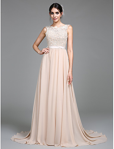 sleeveless evening gown with lace bodice