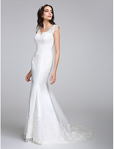 Mermaid / Trumpet V Neck Court Train Satin Made-To-Measure Wedding ...