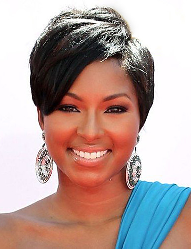 baratos Perucas Afro-Americanas-100% Natural Peruca Curto Liso Kinky Liso Corte Pixie Penteados Curtos 2019 Com Franjas Berry Kinky Liso Reto Parte lateral Sem Touca Mulheres Preto Natural