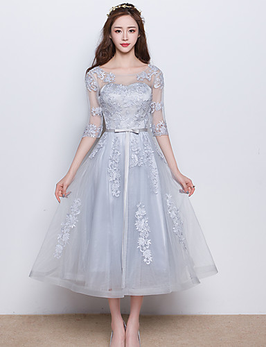 Ball Gown Jewel Neck Knee Length Tulle Bridesmaid Dress with Appliques ...