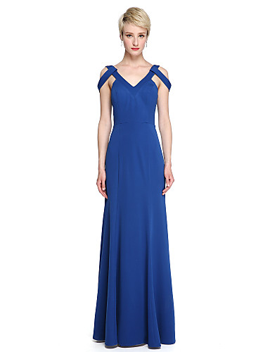 Sheath / Column V-neck Floor Length Jersey Bridesmaid Dress with Pleats ...