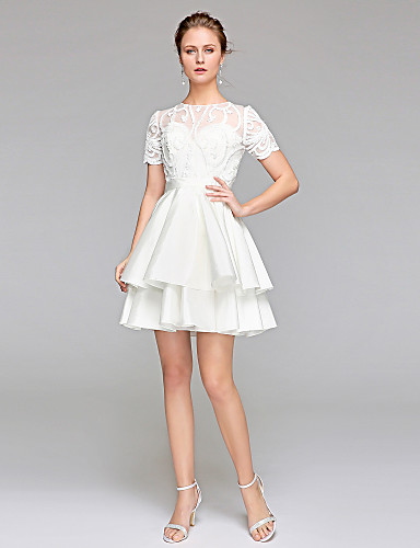 A-Line Jewel Neck Short / Mini Chiffon / Lace Made-To-Measure Wedding ...