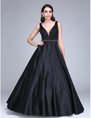 Ball Gown Plunging Neck Floor Length Satin Minimalist 