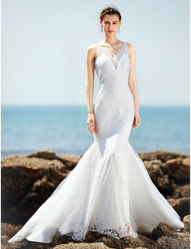 trompeta / sirena escote en pico corte encaje tul charmeuse vestidos