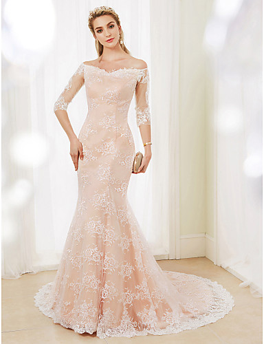 trompeta / sirena hombros caídos corte encaje floral vestidos de